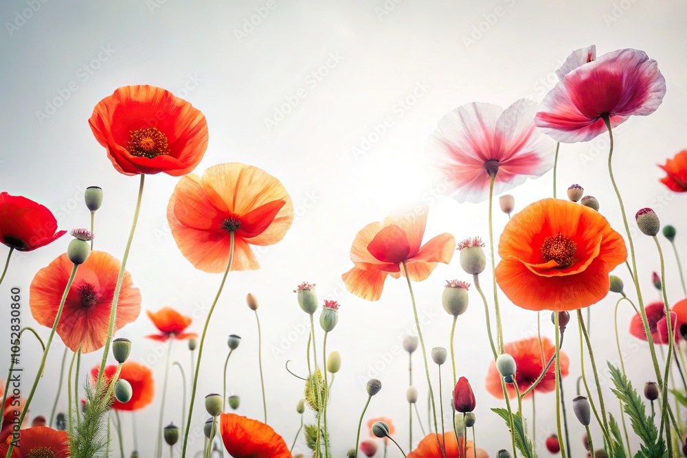 photography backdrop with blooming white poppies floral background from low angle view photography backdrop with blooming white poppies floral background from low angle view