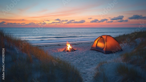 A campsite is set up on the beach at sunset, featuring a glowing orange tent and a campfire surrounded by soft sand, all under a colorful sky.