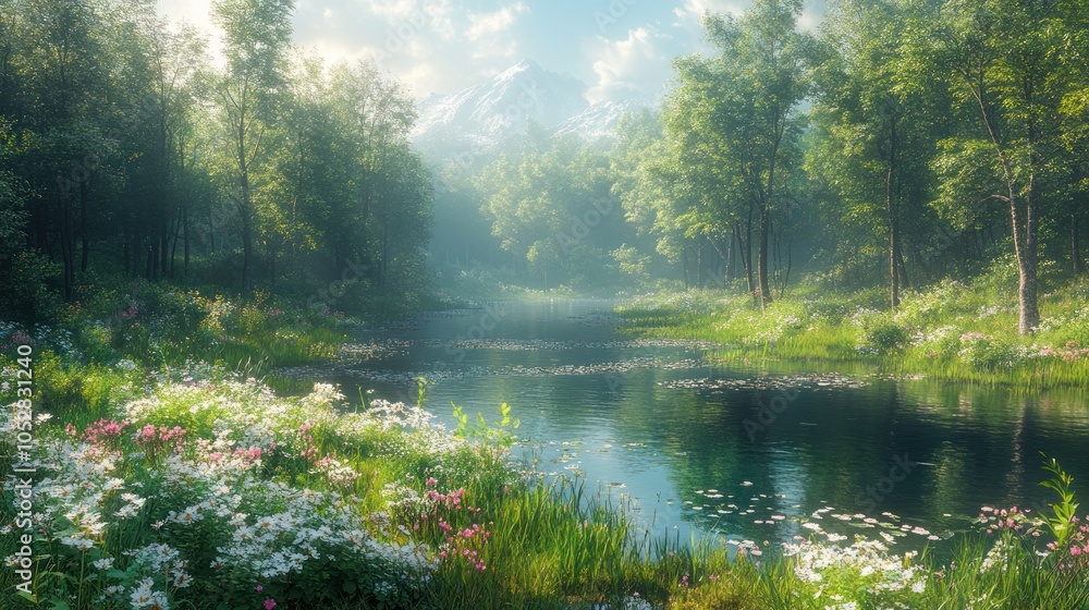 Serene River Winding Through a Lush Forest with Mountain Peaks in the Distance Serene River Winding Through a Lush Forest with Mountain Peaks in the Distance