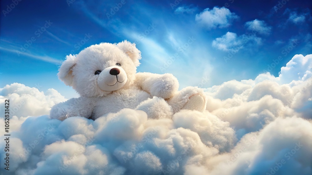 fluffy white teddy bear sleeping on cloud in blue sky tilted angle fluffy white teddy bear sleeping on cloud in blue sky tilted angle