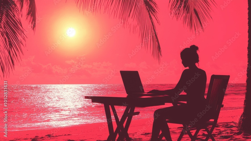 custom made wallpaper toronto digitalSilhouette of a person working on a laptop at sunset by the beach.