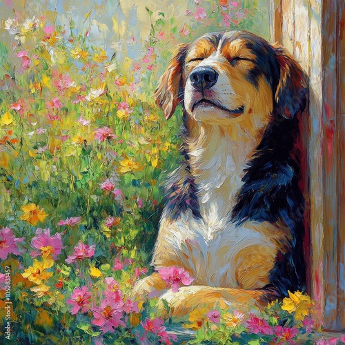 Blissful Dog Relaxing in Vibrant Flower Garden Painting, Summer Serenity, Sunlit Pooch, Artistic Canine Scene, Colorful Blossoms, Tranquil Outdoor Setting photo