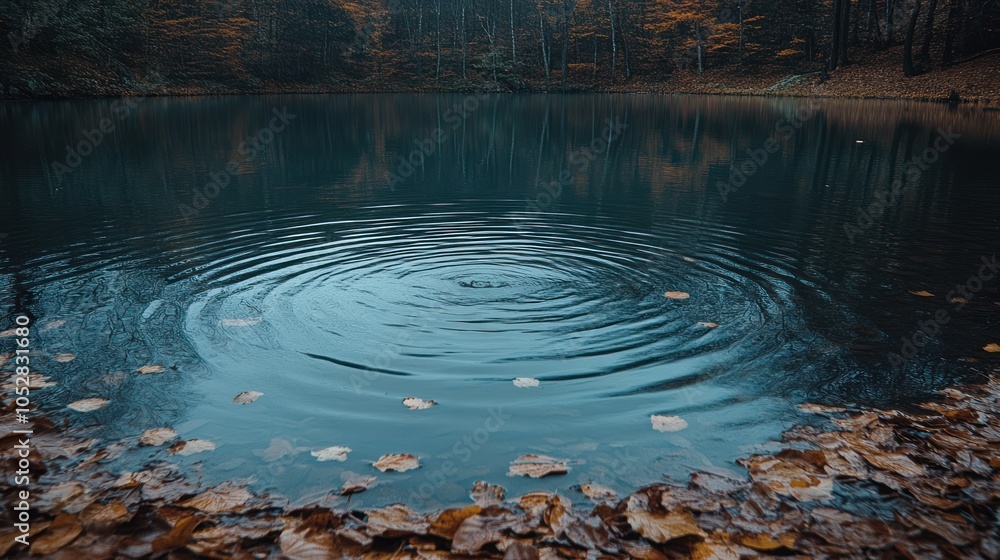 Obraz premium A Single Ripple in a Calm Forest Pond with Fallen Leaves