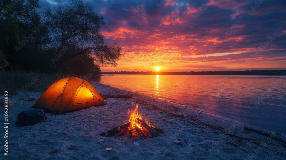 A colorful sunset illuminates the sky as a tent glows warmly next to a crackling campfire on the sandy shore of a quiet lake. The tranquil atmosphere is perfect for relaxation. A colorful sunset illuminates the sky as a tent glows warmly next to a crackling campfire on the sandy shore of a quiet lake. The tranquil atmosphere is perfect for relaxation.