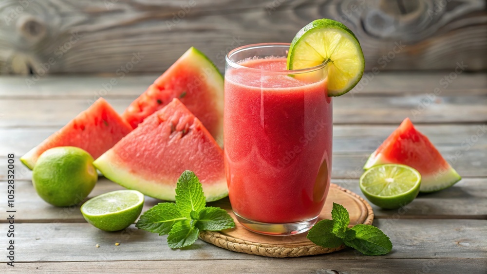 Forced perspective of a healthy watermelon lime smoothie and fresh watermelon Forced perspective of a healthy watermelon lime smoothie and fresh watermelon
