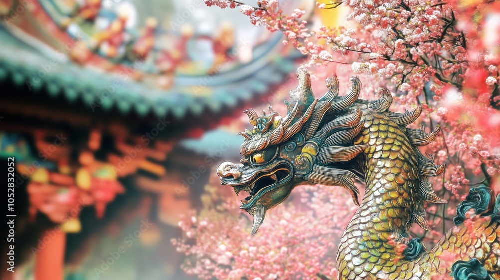 Obraz premium A gold dragon statue is sitting on a tree branch