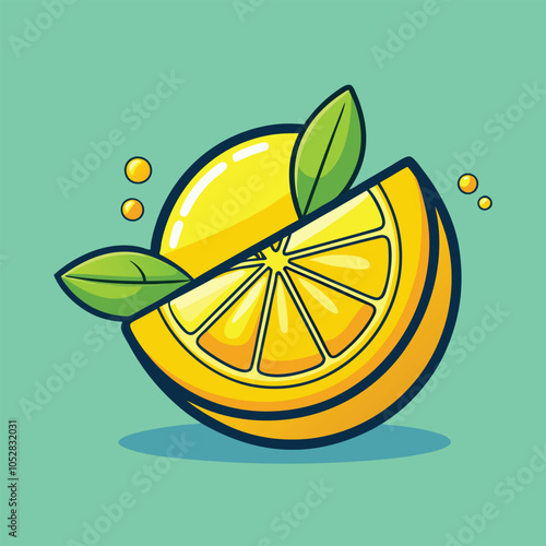 A bright yellow lemon slice with green leaves.