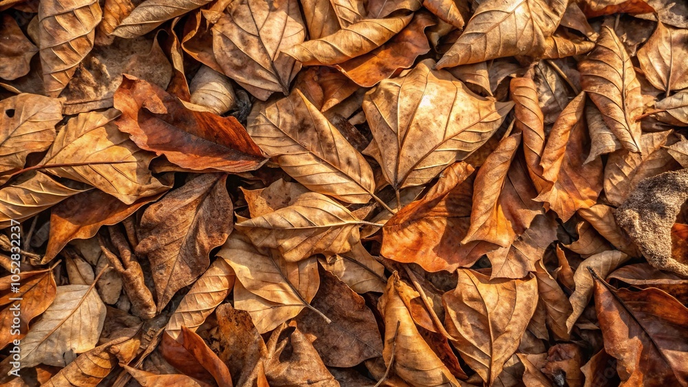 High angle view of dry teak leaves scattered on ground, focus selected High angle view of dry teak leaves scattered on ground, focus selected