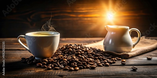 Cozy Morning Coffee in a White Cup with Sunlight, Coffee Beans, and Creamer on Wooden Table - Perfect for Design and Product Placement