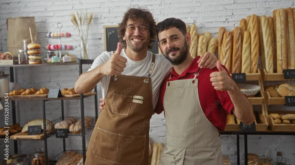 Men in aprons standing together in bakery room, smiling with thumbs up, surrounded by bread and pastries in an indoor shop setting Men in aprons standing together in bakery room, smiling with thumbs up, surrounded by bread and pastries in an indoor shop setting