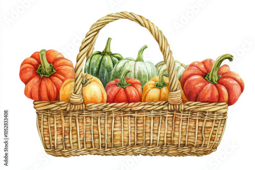 A woven basket filled with colorful pumpkins, showcasing a variety of shapes and sizes in earthy tones.