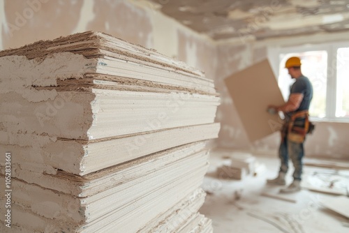 Construction worker prepares for installation of gypsum boards in a house undergoing renovation photo