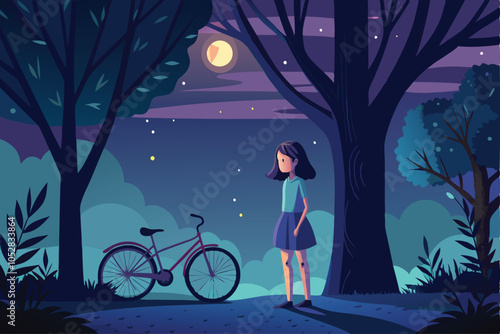 vector lonely girl with bike standing near tree