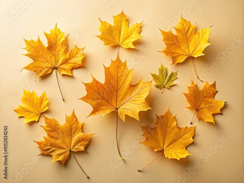 Dry Yellow Maple Leaves Flat Lay on Beige Background - Nature Photography, Autumn Aesthetic, Natural Textures, Seasonal Decor, Minimalist Design, Organic Elements