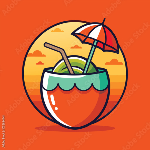 Refreshing coconut drink with an umbrella.