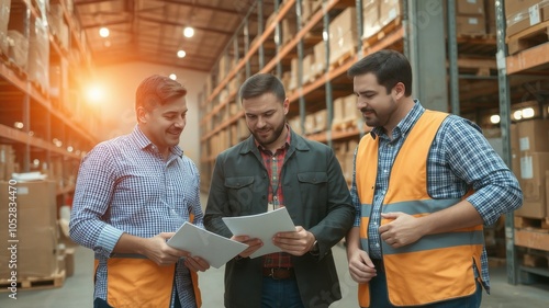 Warehouse workers collaborating on logistics plans with documents.