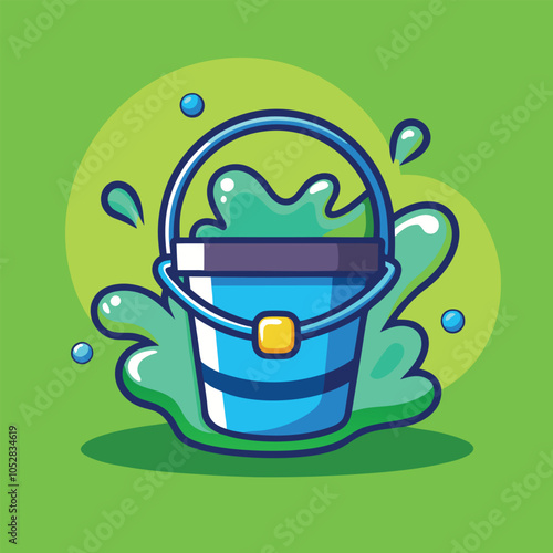 A blue bucket filled with green paint, splashing