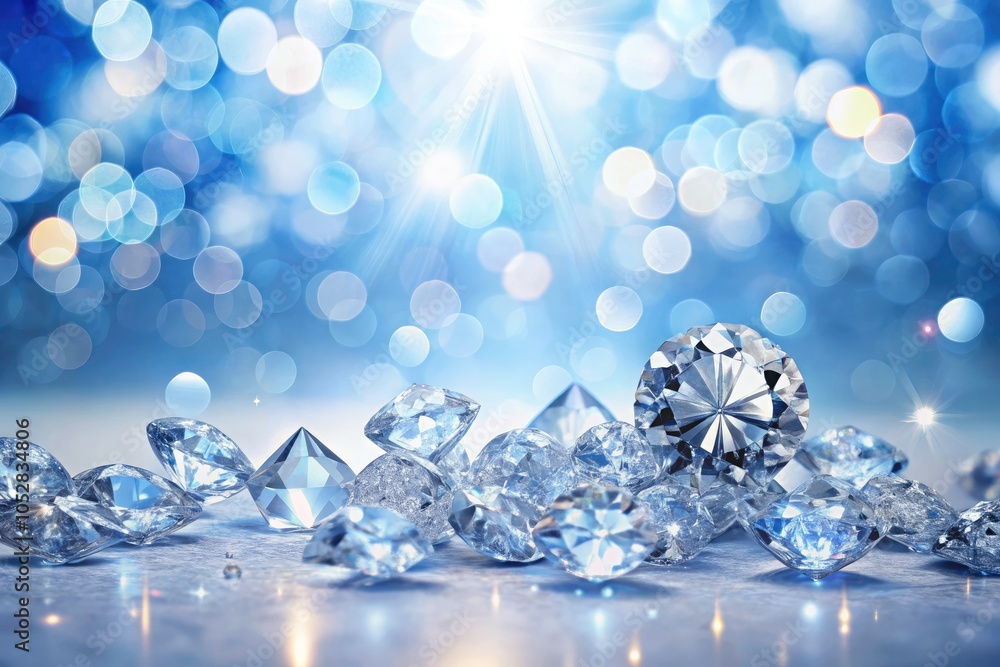 Elegant Diamonds on White Table with Bokeh Effect Against Blue-White Wall and Sky Backdrop Elegant Diamonds on White Table with Bokeh Effect Against Blue-White Wall and Sky Backdrop