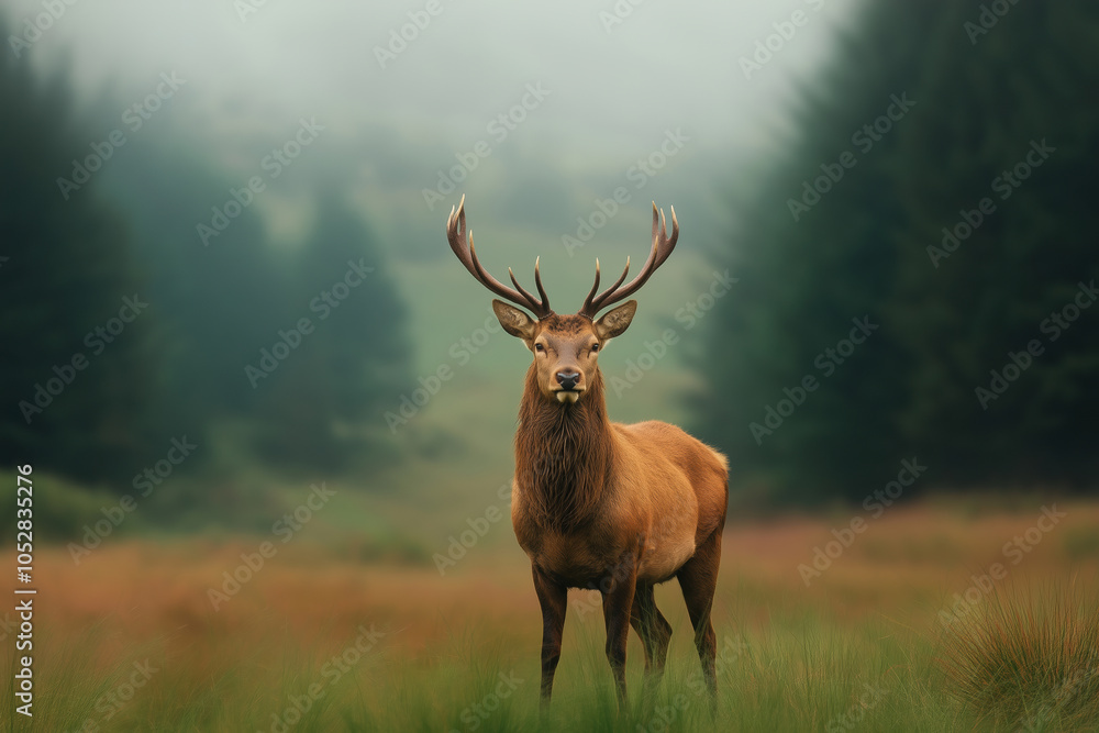 Fototapeta premium Majestic stag standing in a misty forest during early morning light in serene nature