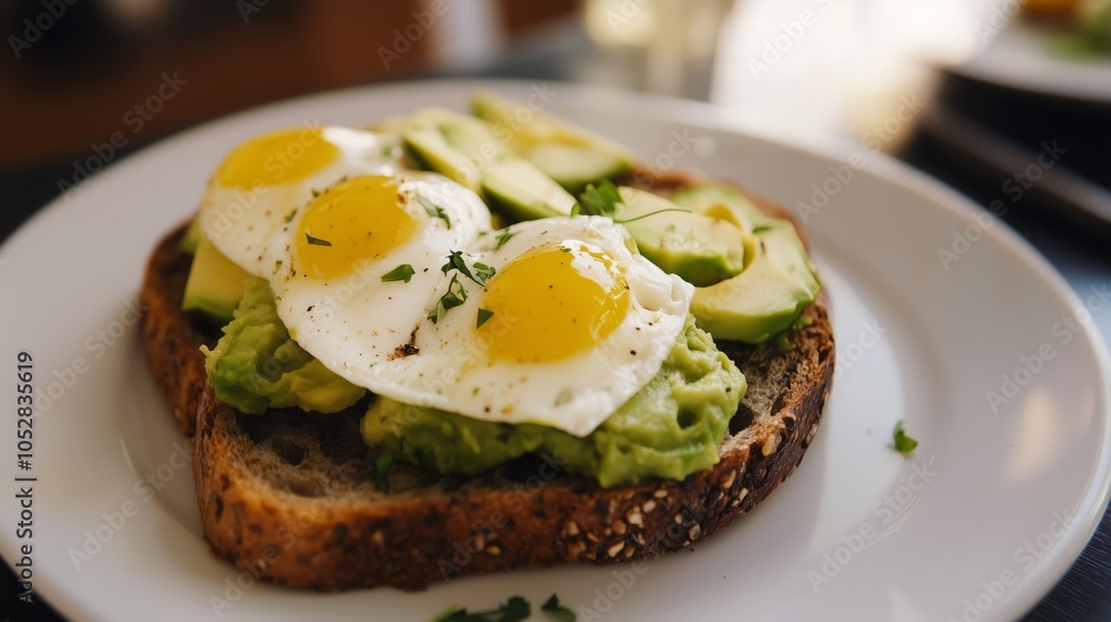 A plate of toast with avocado and eggs A plate of toast with avocado and eggs
