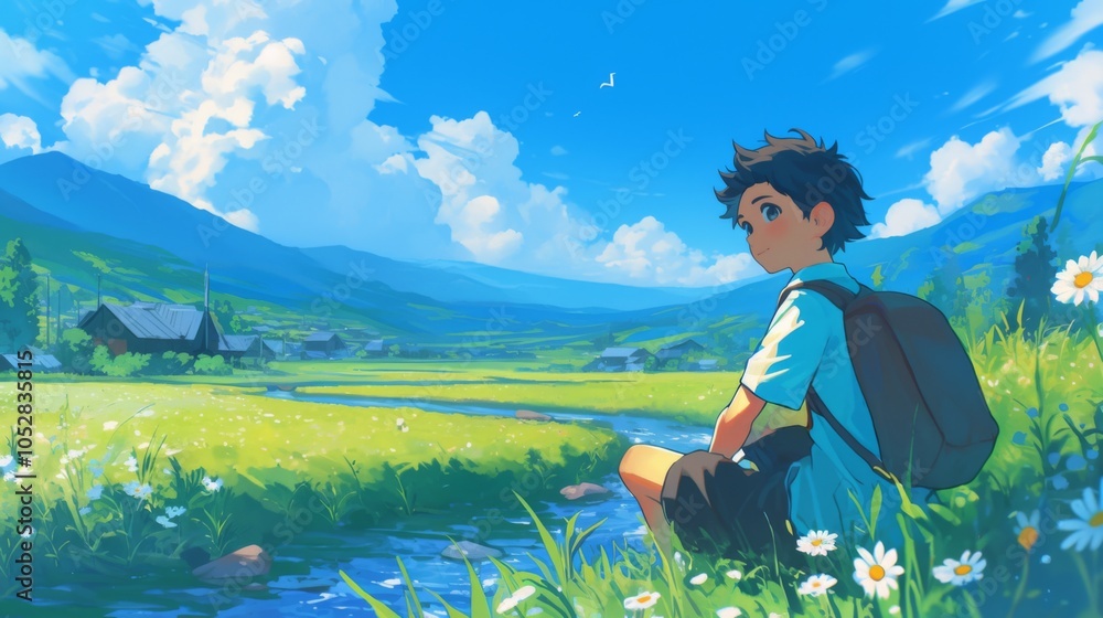 Fototapeta premium A boy with black hair sits in the grass, gazing at distant mountains, with a green field adorned with white flowers
