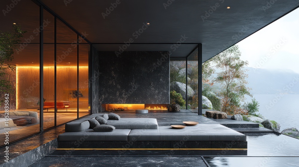 Modern minimalist interior with a view of nature and a cozy atmosphere. Modern minimalist interior with a view of nature and a cozy atmosphere.