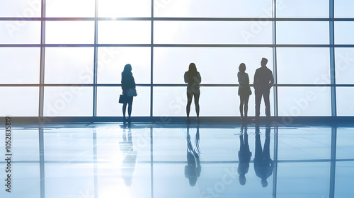 business people looking out window with reflection with white shades, detailed, png