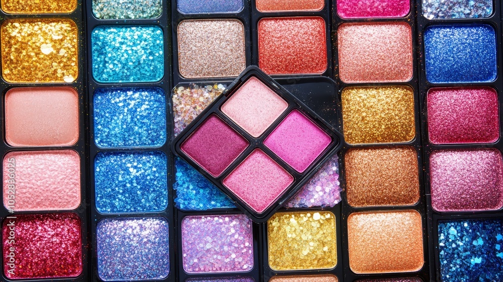 Bright and colorful makeup palettes featuring glitter and shimmer in a flat lay arrangement showcasing vibrant shades and textures Bright and colorful makeup palettes featuring glitter and shimmer in a flat lay arrangement showcasing vibrant shades and textures
