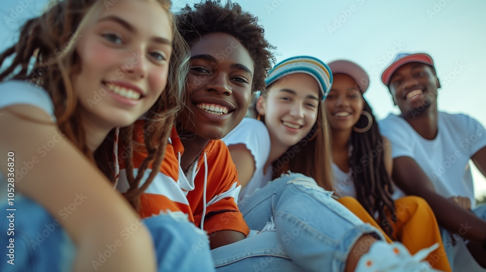 Obraz premium A group of young adults are sitting on the ground wearing white sneakers, smiling at the camera. It is a diverse mix including one man and two women in casual