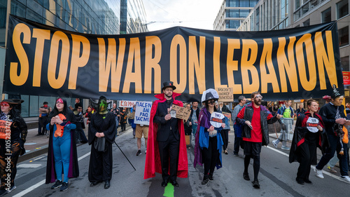 Activists march in costumes carrying a large banner advocating for peace in Lebanon during a lively protest event in the city photo