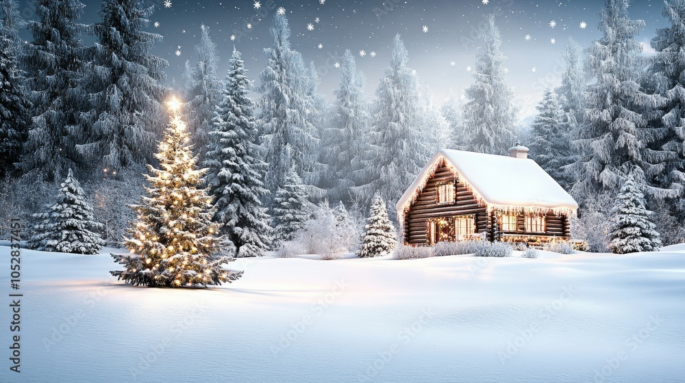 American riverside cabin with a small Christmas tree outside peaceful winter night American riverside cabin with a small Christmas tree outside peaceful winter night