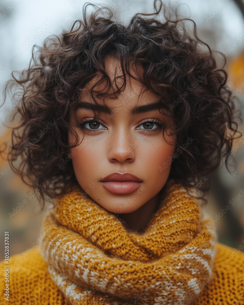 Woman with Curly Hair and Yellow Scarf in Cozy Autumn Setting for Seasonal Fashion and Lifestyle Themes Woman with Curly Hair and Yellow Scarf in Cozy Autumn Setting for Seasonal Fashion and Lifestyle Themes