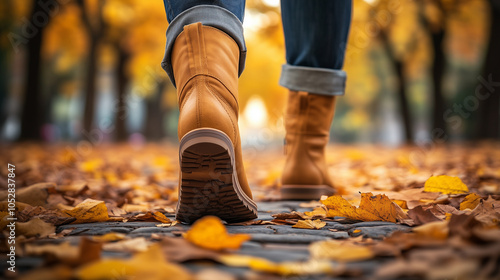 Walking Through Crunchy Fall Leaves in Cozy Boots for Outdoor Autumn Adventures and Seasonal Themes