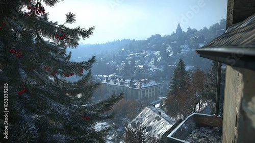 American-style outdoor Christmas tree decorated with pinecones red berries