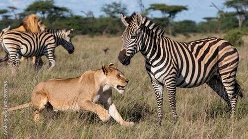 A lioness prepares to hunt a zebra on the African savanna during midday, surrounded by a herd of zebras in the background