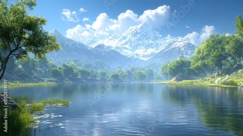 Serene Mountain Lake with Snow-Capped Peaks and Lush Greenery