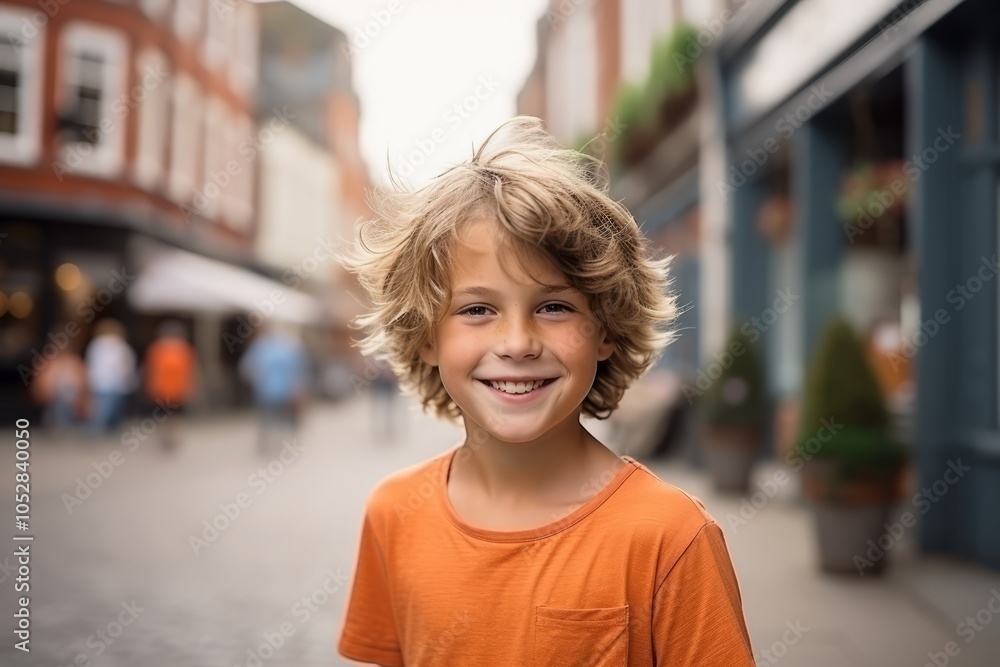 Portrait of a smiling little boy with blond hair in the city Portrait of a smiling little boy with blond hair in the city
