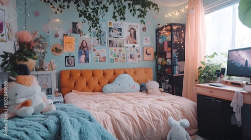 Cozy Romantic Teen Girl s Bedroom with Posters Tufted Bed and Whimsical Decor photo