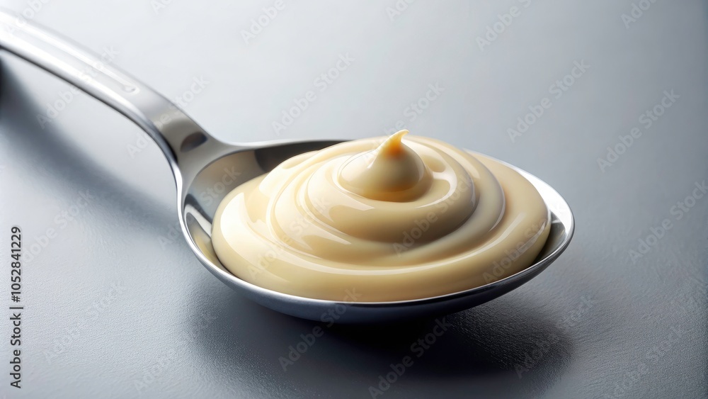 Minimalist Closeup of Mayonnaise Sauce on a Shiny Metallic Spoon Against a White Background, Capturing Smooth Texture and Light Reflections for Gourmet Food Photography Minimalist Closeup of Mayonnaise Sauce on a Shiny Metallic Spoon Against a White Background, Capturing Smooth Texture and Light Reflections for Gourmet Food Photography