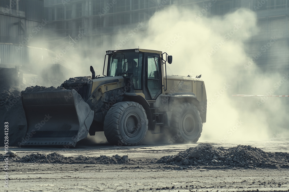 Dusty work environment with bulldozer at construction site, suitable for advertising construction services and machinery visuals Dusty work environment with bulldozer at construction site, suitable for advertising construction services and machinery visuals