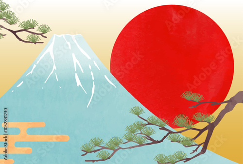 富士山と初日の出と松の縁起の良い背景イラスト