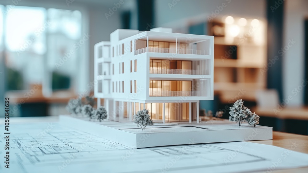 Close-up view of modern architectural blueprints and a scale model of a building during the design planning process Close-up view of modern architectural blueprints and a scale model of a building during the design planning process