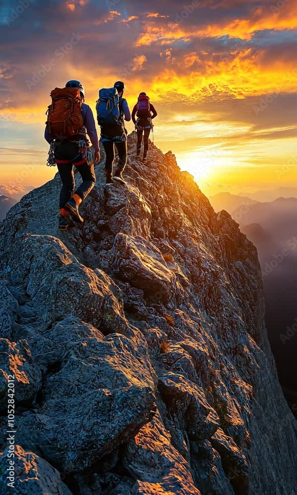 Climbers ascending a rocky peak at sunset, showcasing adventure and teamwork in nature. Climbers ascending a rocky peak at sunset, showcasing adventure and teamwork in nature.