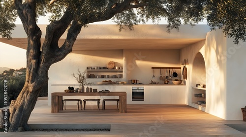 Rustic Outdoor Mediterranean Kitchen with Olive Tree and Terracotta Roof in Idyllic Ibiza Setting