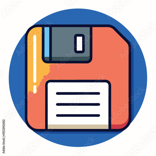 A retro floppy disk icon in a blue circle.