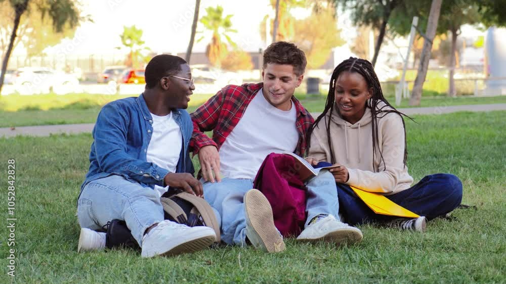 Three young students studying and doing homework on a university campus lawn, engaged in learning, enjoying group study outdoors, diverse teenage friends sharing knowledge, preparing for exams Three young students studying and doing homework on a university campus lawn, engaged in learning, enjoying group study outdoors, diverse teenage friends sharing knowledge, preparing for exams