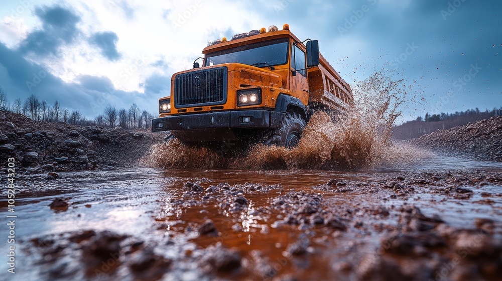 A rugged yellow dump truck splashes through muddy water. A rugged yellow dump truck splashes through muddy water.
