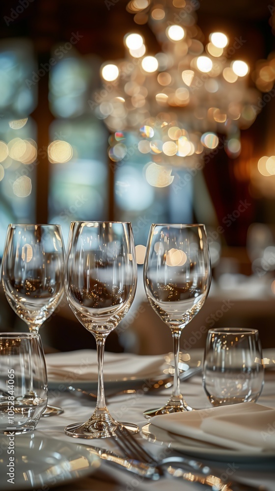 A high-end restaurant table setting with crystal wine glasses, silverware and cutlery under the soft glow of chandeliers. A high-end restaurant table setting with crystal wine glasses, silverware and cutlery under the soft glow of chandeliers.