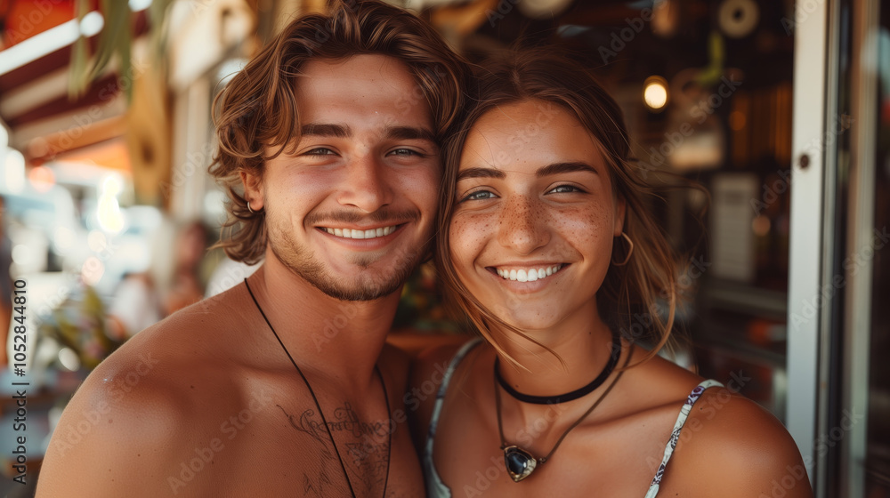A beautiful couple was standing in front of a coffee shop A beautiful couple was standing in front of a coffee shop