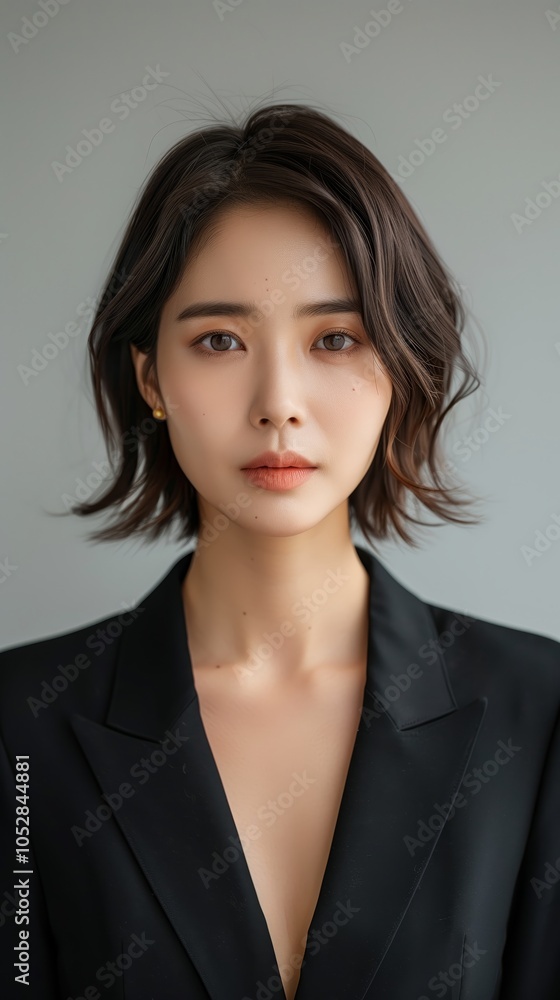 Portrait photography of a short-haired female lawyer in her thirties with Korean features wearing a black suit Portrait photography of a short-haired female lawyer in her thirties with Korean features wearing a black suit